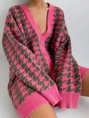 Houndstooth Button Up Long Sleeve Cardigan - Trendsi