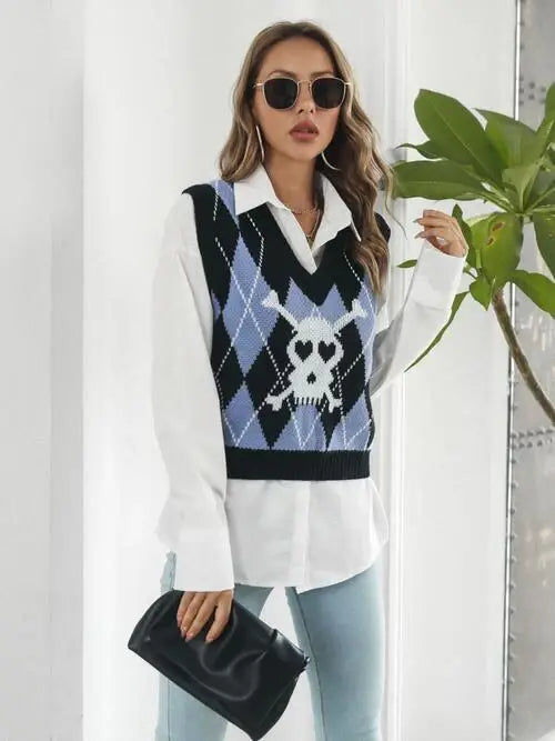 Skull Geometric V-Neck Sweater Vest - Trendsi - Flyclothing LLC