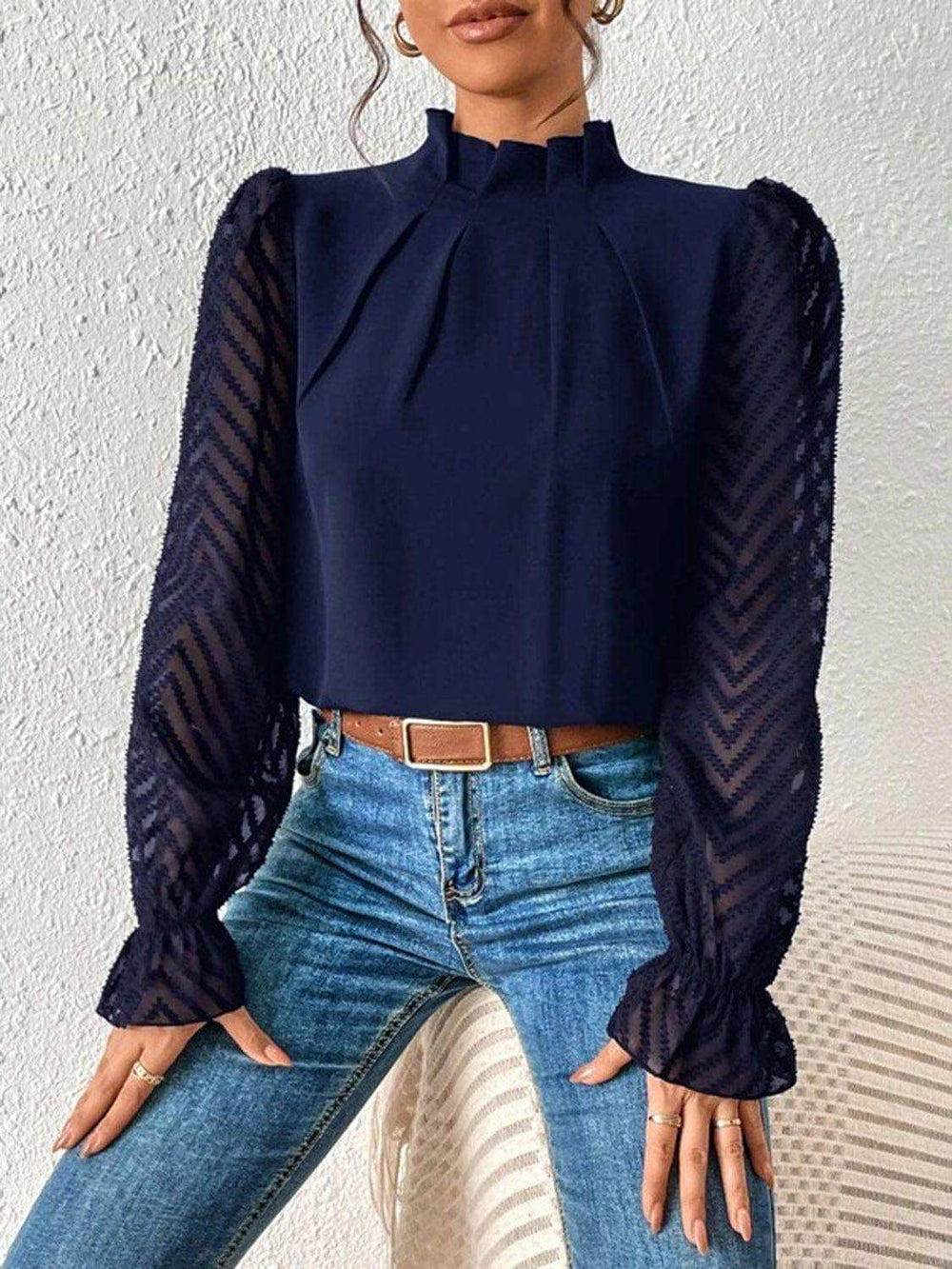 Mock Neck Flounce Sleeve Blouse - Trendsi - Flyclothing LLC