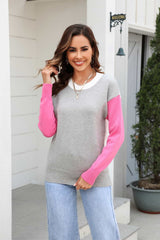 Round Neck Contrast Color Dropped Shoulder Sweater - Trendsi - Flyclothing LLC