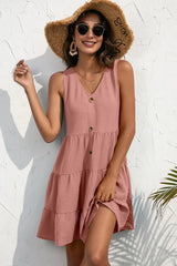 Decorative Button V-Neck Tiered Sleeveless Dress - Trendsi - Flyclothing LLC