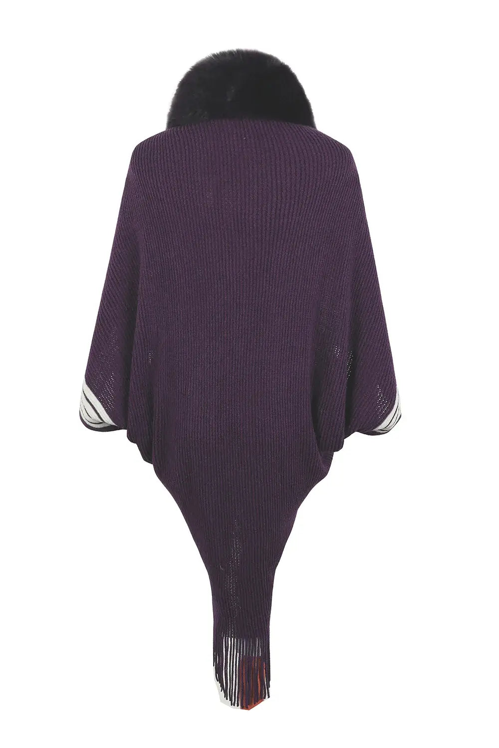 Striped Fringe Detail Long Sleeve Poncho - Trendsi - Flyclothing LLC