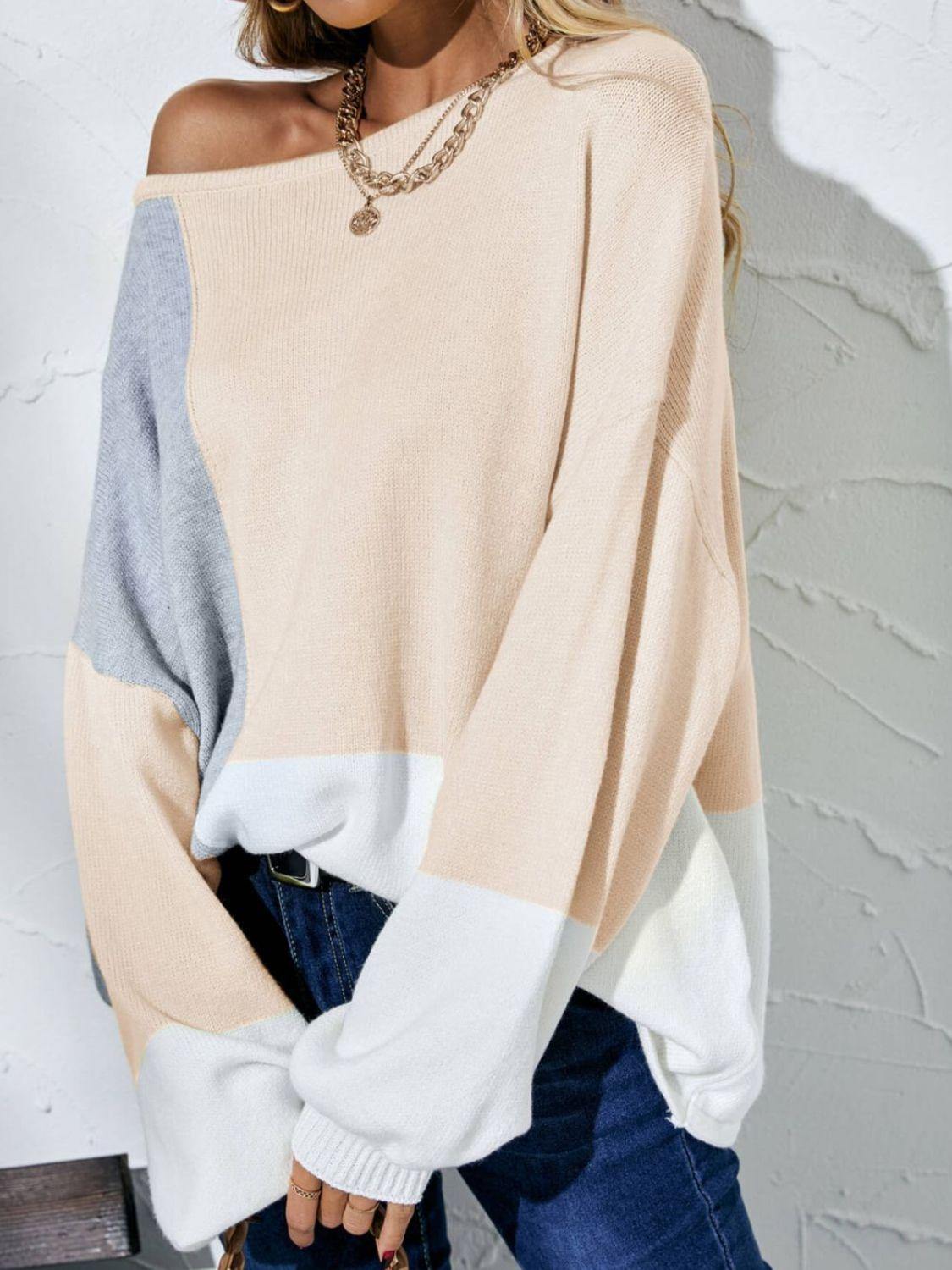 Color Block Balloon Sleeve Boat Neck Sweater - Trendsi