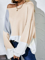 Color Block Balloon Sleeve Boat Neck Sweater - Trendsi