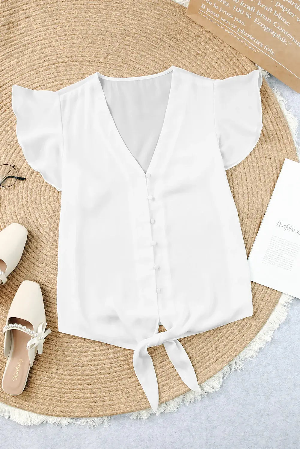 V-Neck Tie Hem Flutter Sleeve Blouse - Trendsi - Flyclothing LLC