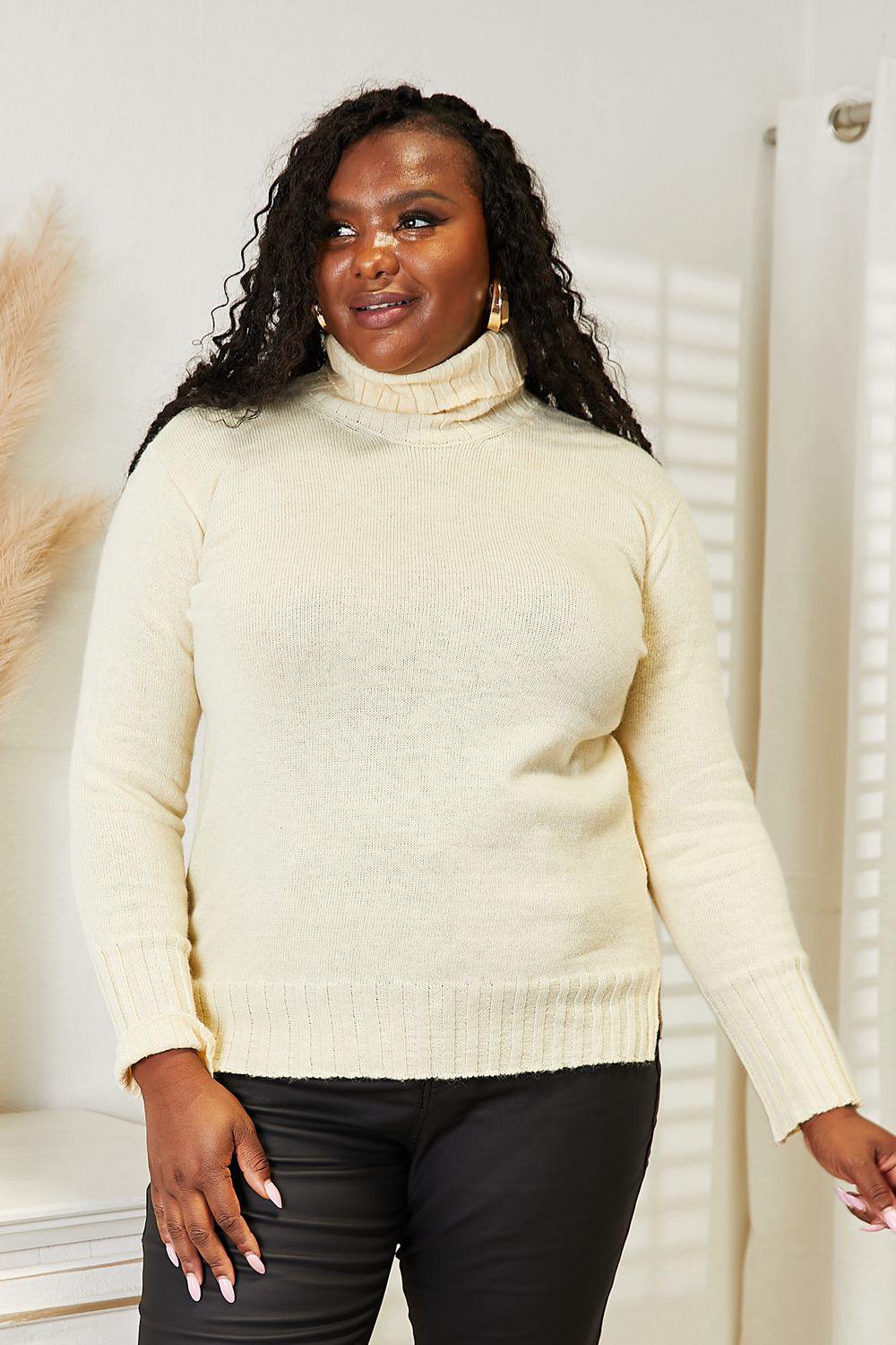 Heimish Full Size Long Sleeve Turtleneck Sweater with Side Slit - Trendsi