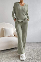 Ribbed V-Neck Top and Pants Set - Trendsi - Flyclothing LLC