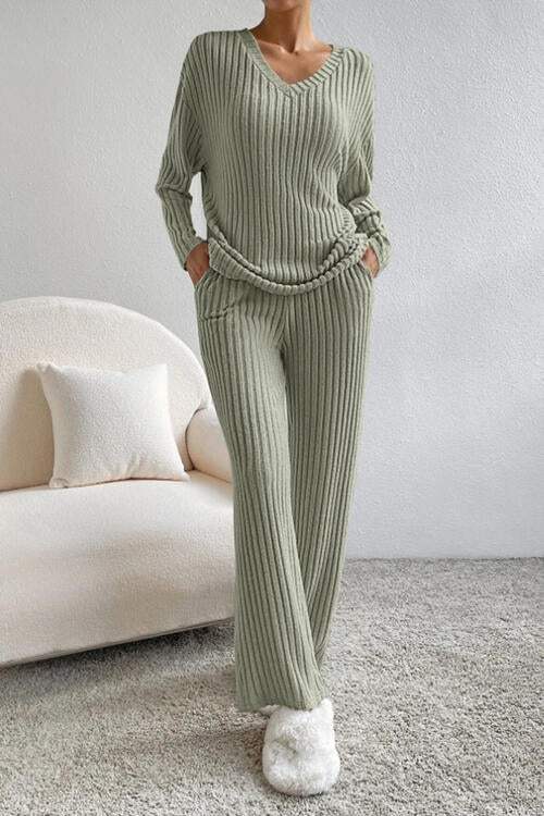 Ribbed V-Neck Top and Pants Set - Trendsi - Flyclothing LLC