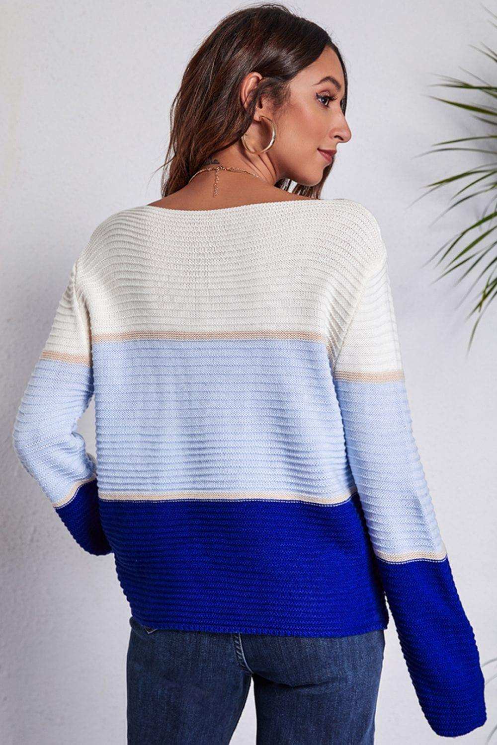 Color Block Horizontal Ribbing Sweater - Trendsi - Flyclothing LLC