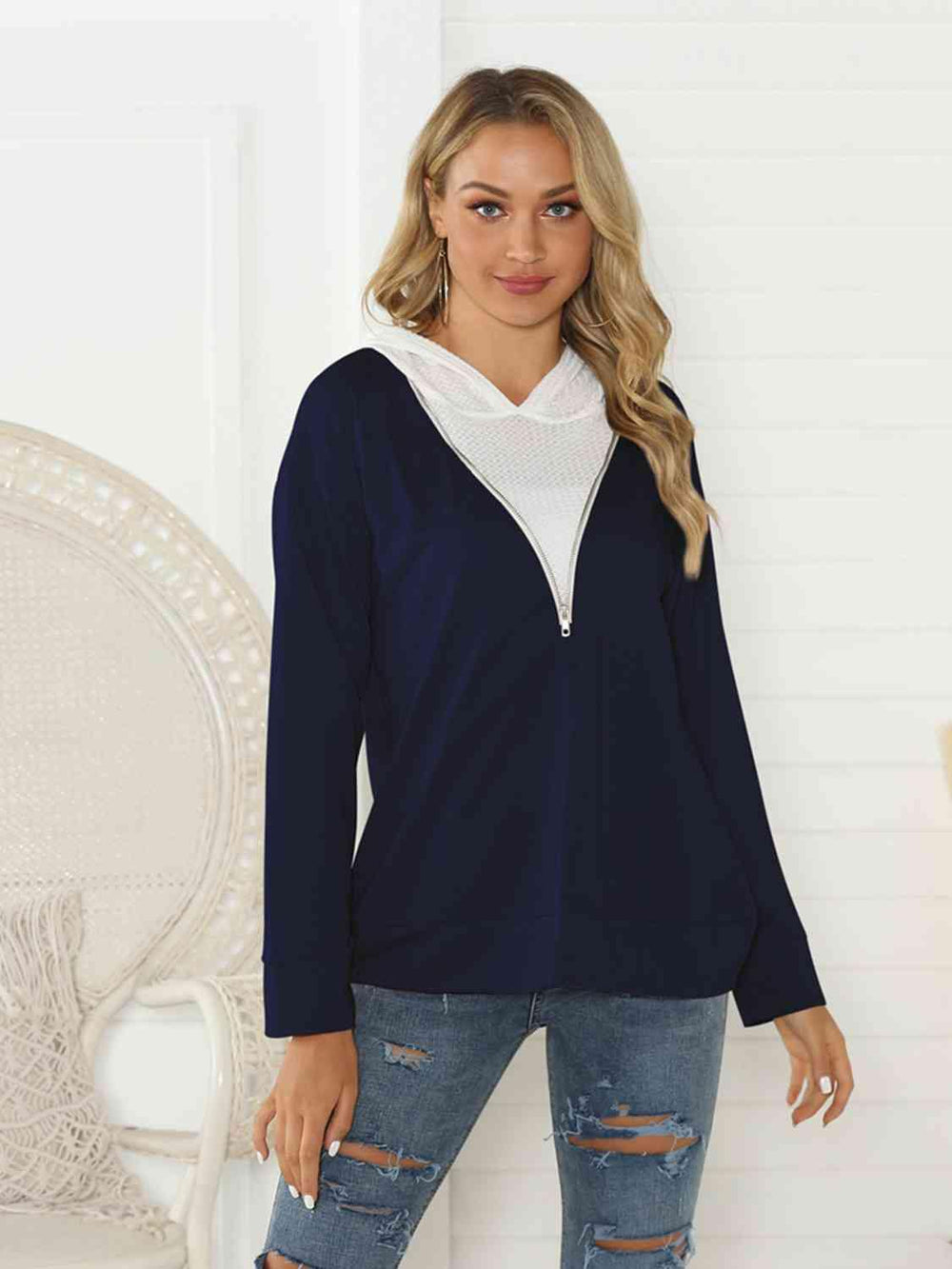 Contrast Zip Detail Hoodie - Trendsi