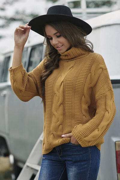 Cable-Knit Turtleneck Dropped Shoulder Sweater - Trendsi - Flyclothing LLC