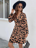 Printed Surplice Long Sleeve Dress - Trendsi