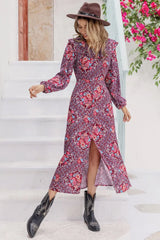 Printed Long Sleeve Slit Midi Dress - Trendsi - Flyclothing LLC