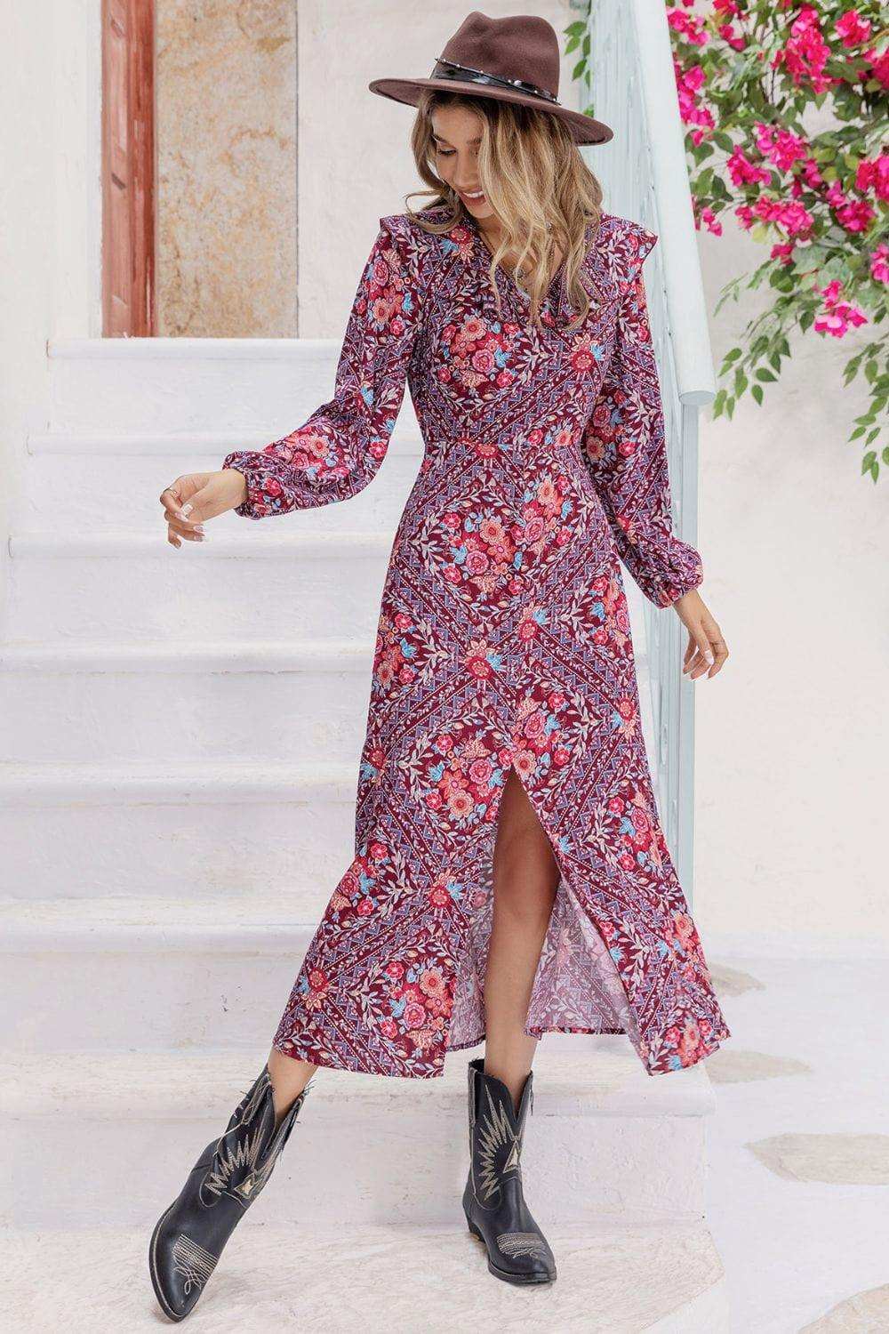 Printed Long Sleeve Slit Midi Dress - Trendsi - Flyclothing LLC