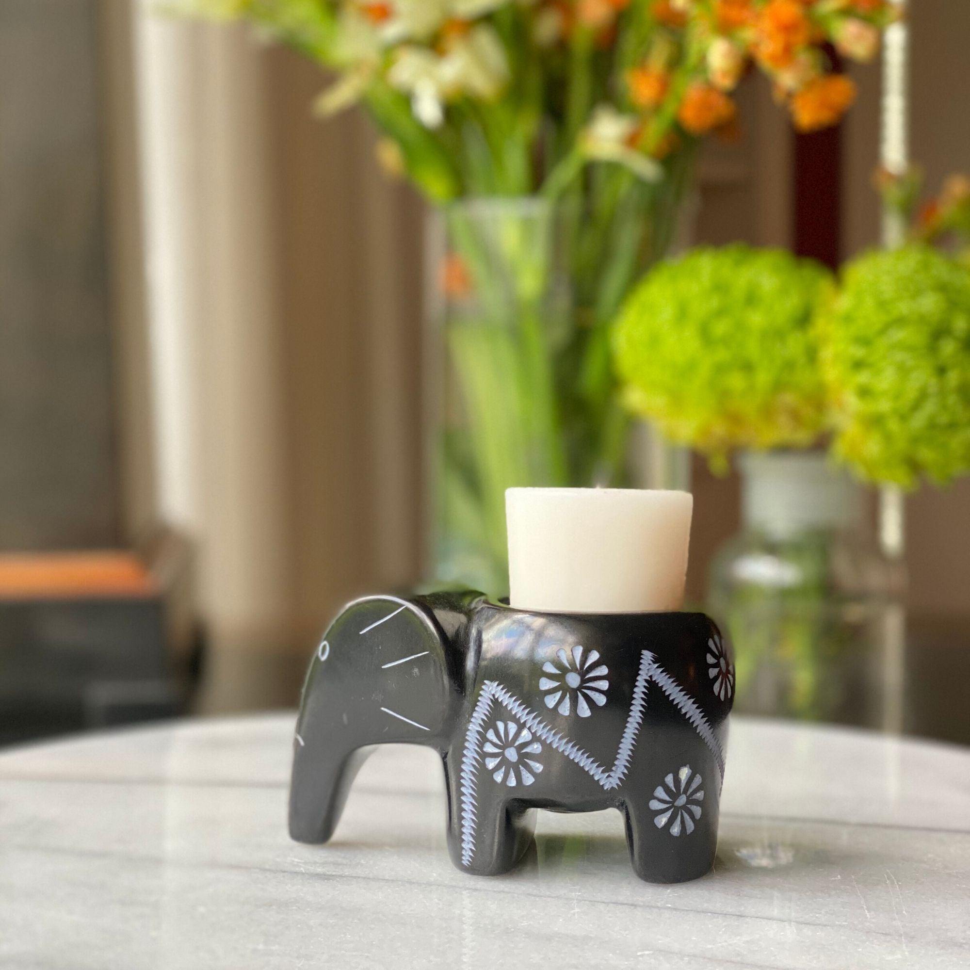Elephant Soapstone Tea Light - Black Finish with Etch Design - SMOLArt