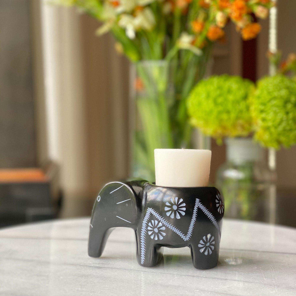 Elephant Soapstone Tea Light - Black Finish with Etch Design - SMOLArt - Flyclothing LLC