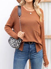 Round Neck Dropped Shoulder Slit T-Shirt - Trendsi