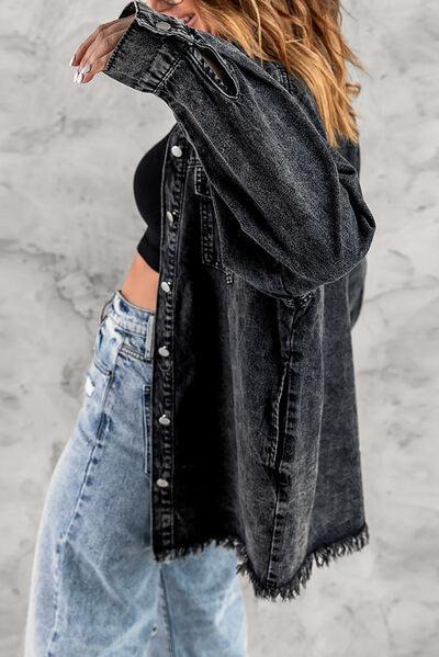 Button Up Pocketed Raw Hem Denim Jacket - Trendsi