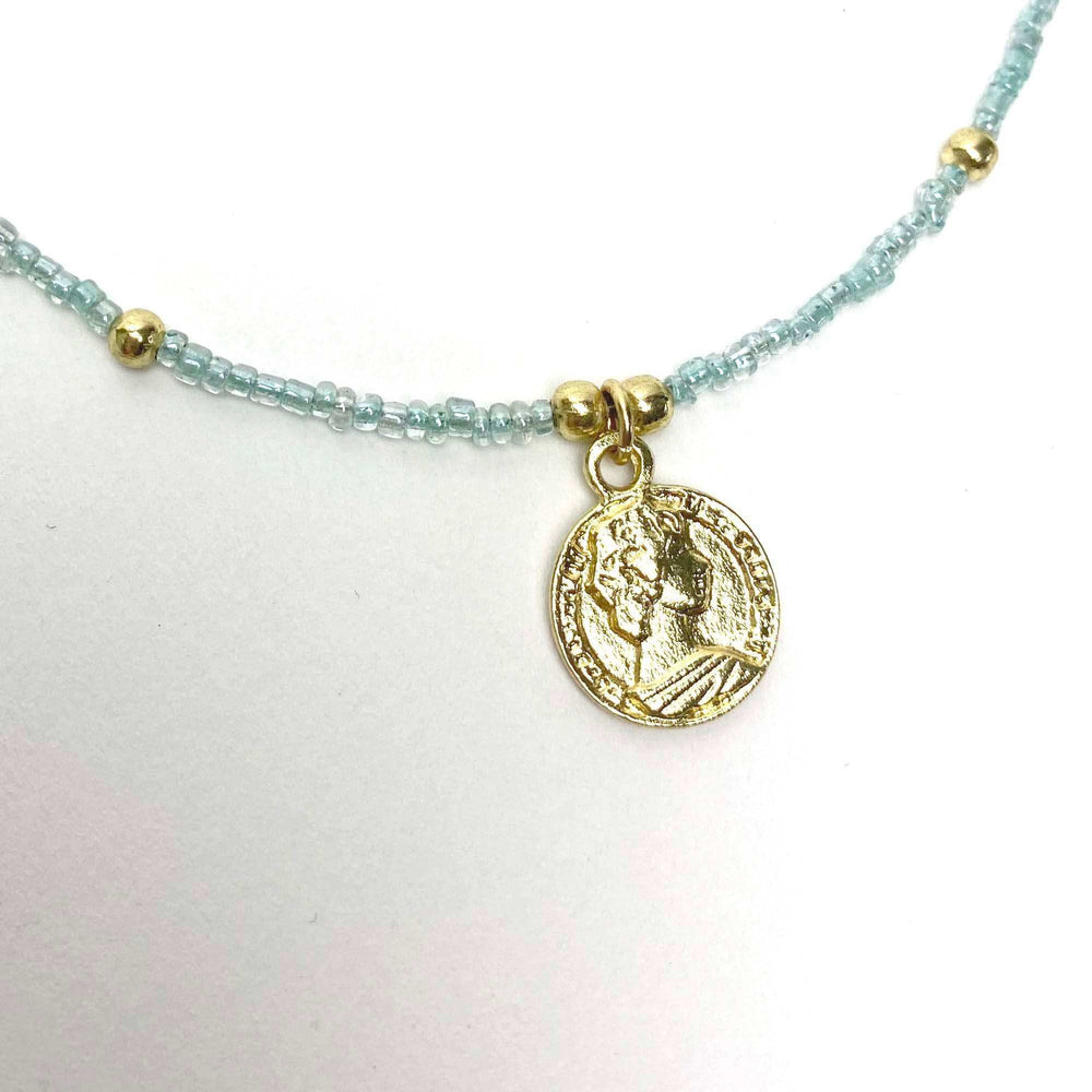 Baby blue Glass Bead Choker with Brass Coin Pendant - Asha Handicrafts - Flyclothing LLC