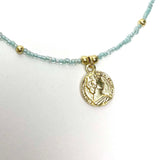 Baby blue Glass Bead Choker with Brass Coin Pendant - Asha Handicrafts