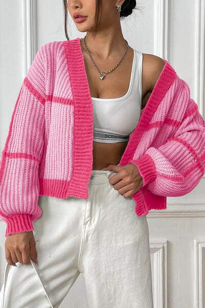 Contrast Open Front Long Sleeve Cardigan - Trendsi - Flyclothing LLC