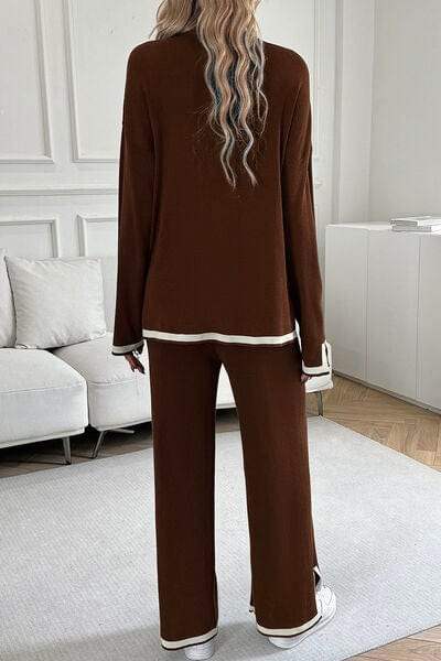 Contrast Trim Round Neck Top and Pants Set - Trendsi - Flyclothing LLC