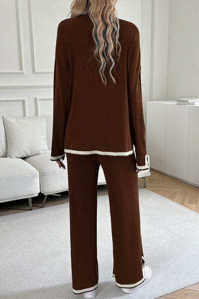 Contrast Trim Round Neck Top and Pants Set - Trendsi - Flyclothing LLC