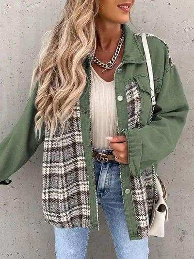 Plaid Button Up Dropped Shoulder Jacket - Trendsi - Flyclothing LLC