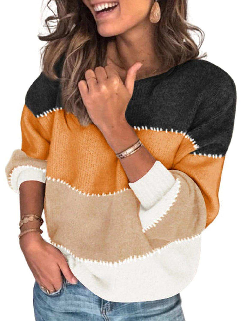Color Block Round Neck Sweater - Trendsi - Flyclothing LLC