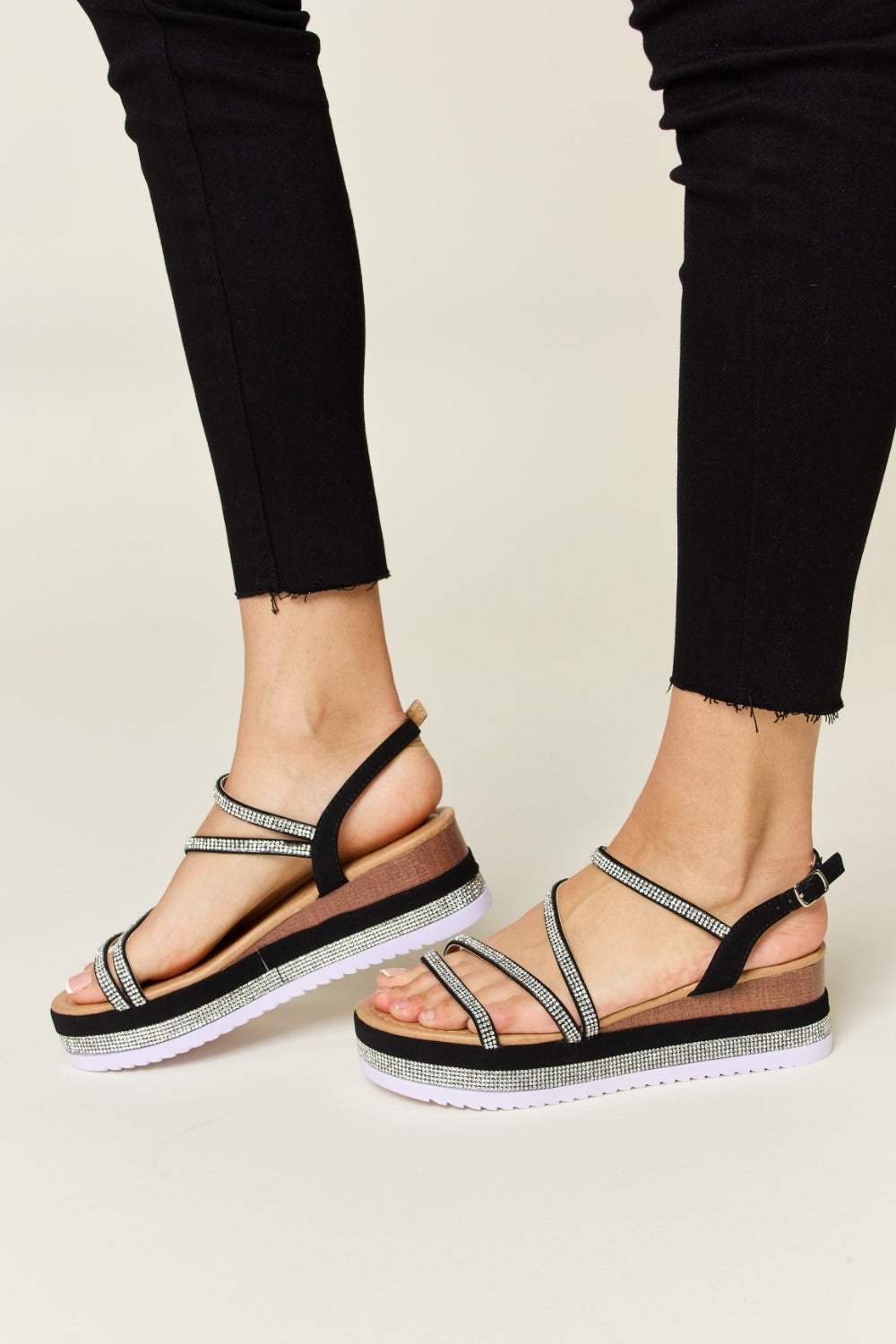 Forever Link Rhinestone Strappy Wedge Sandals - Trendsi - Flyclothing LLC