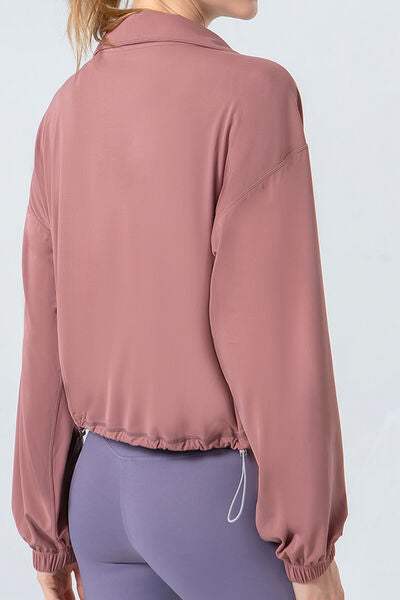 Drawstring Zip Up Dropped Shoulder Active Outerwear - Trendsi - Flyclothing LLC