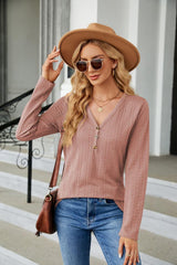 Cable-Knit Long Sleeve V-Neck T-Shirt - Trendsi