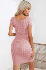 Decorative Button Round Neck Short Sleeve Sweater Dress - Trendsi - Flyclothing LLC