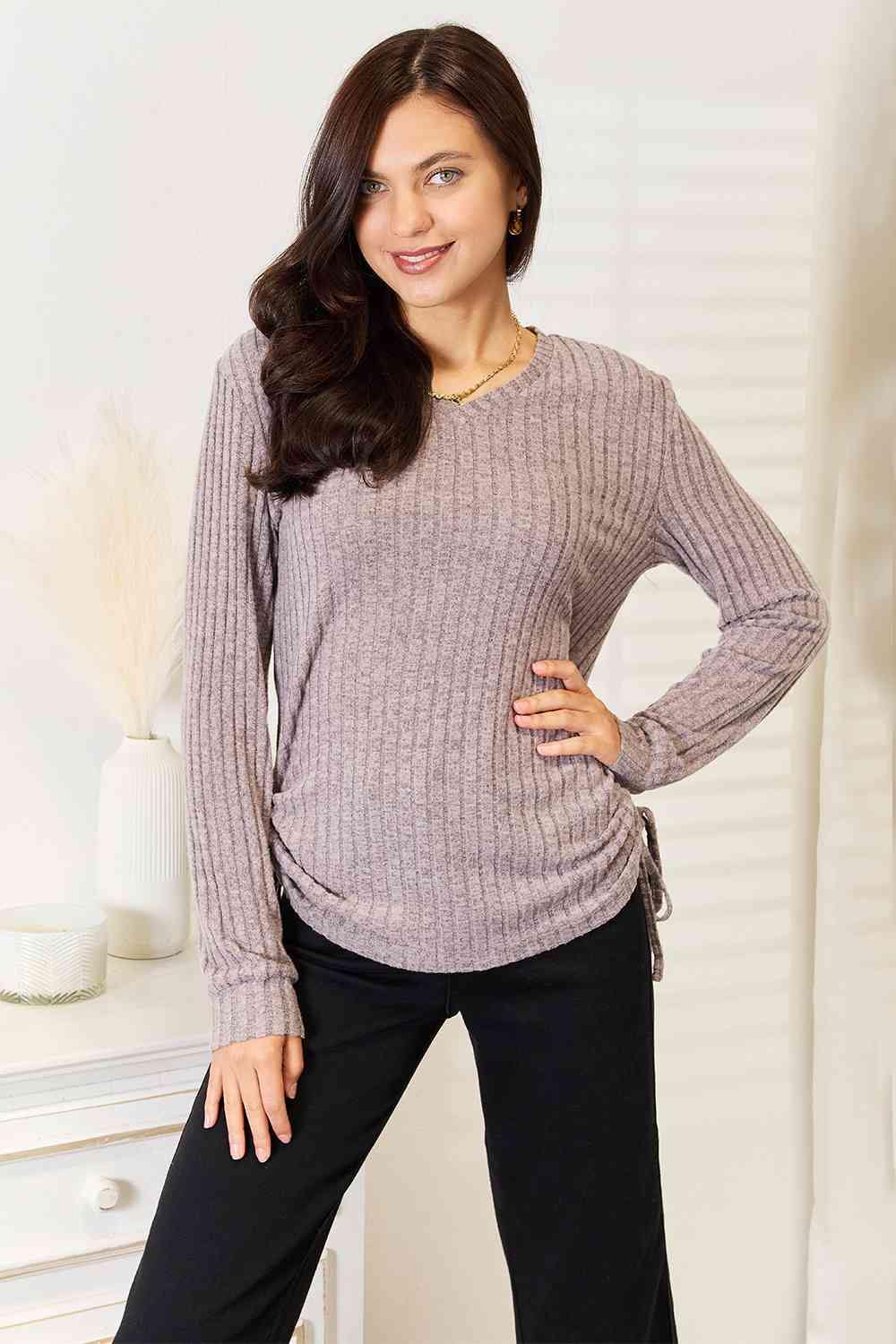 Double Take Drawstring Ribbed Long Sleeve T-Shirt - Trendsi
