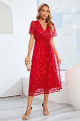 Sequin Leaf Embroidery Tie Front Short Sleeve Dress - Trendsi