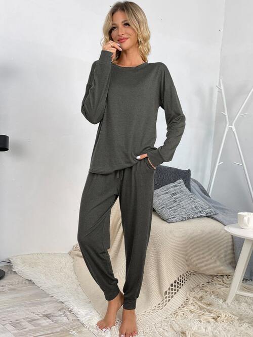 Round Neck Top and Drawstring Pants Lounge Set - Trendsi