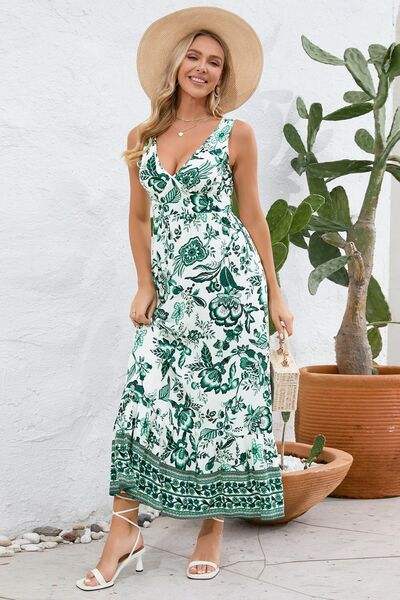 Printed V-Neck Wide Strap Dress - Trendsi - Flyclothing LLC