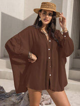 Openwork Button Up Long Sleeve Shirt - Trendsi - Flyclothing LLC