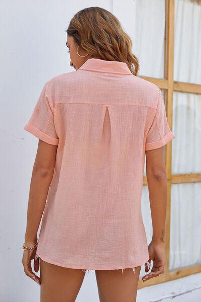 Button Up Collared Neck Short Sleeve Shirt - Trendsi