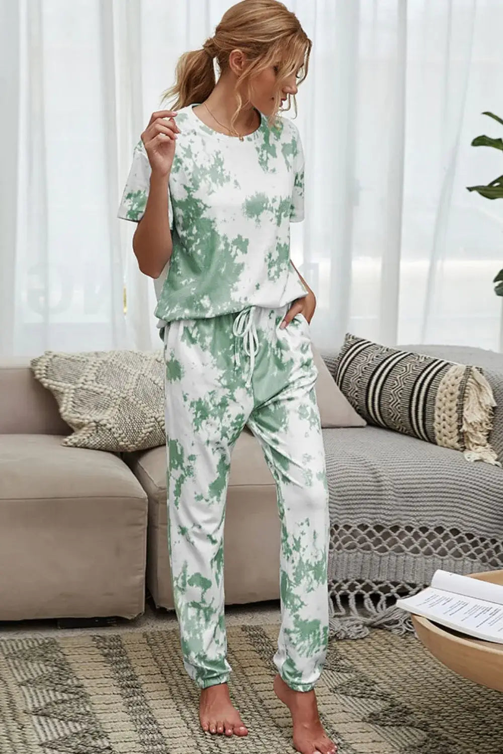 Tie-Dye Tee and Drawstring Waist Joggers Lounge Set - Trendsi - Flyclothing LLC