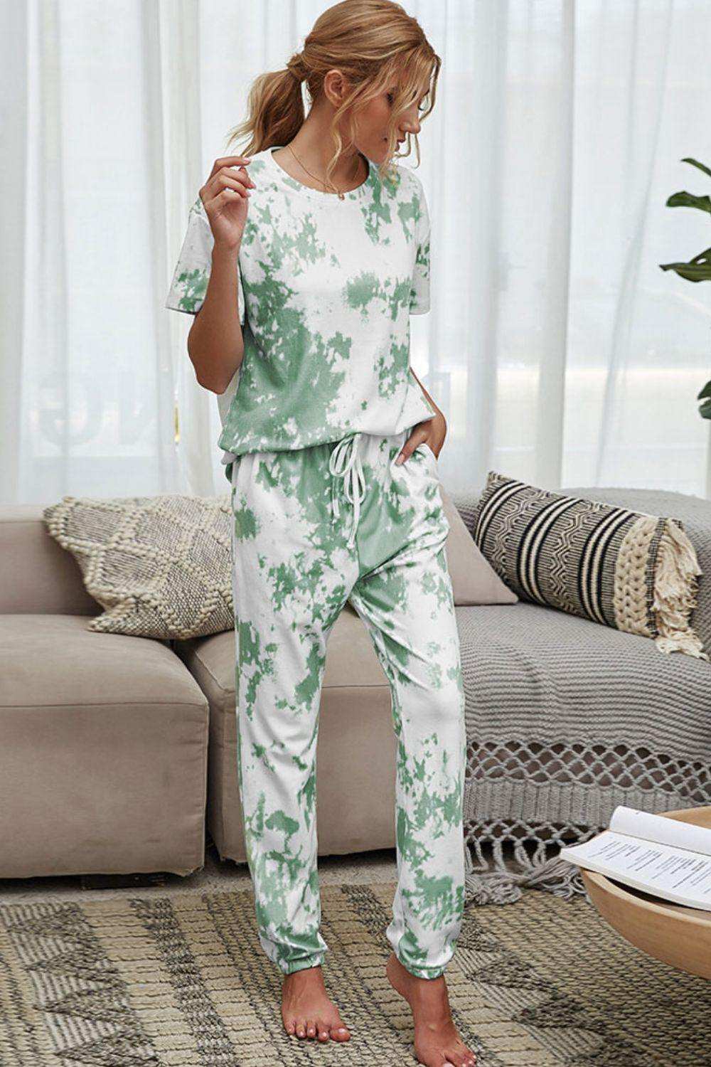 Tie-Dye Tee and Drawstring Waist Joggers Lounge Set - Trendsi - Flyclothing LLC
