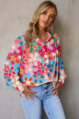 Floral Print Lantern Sleeve Collared Neck Shirt - Trendsi - Flyclothing LLC
