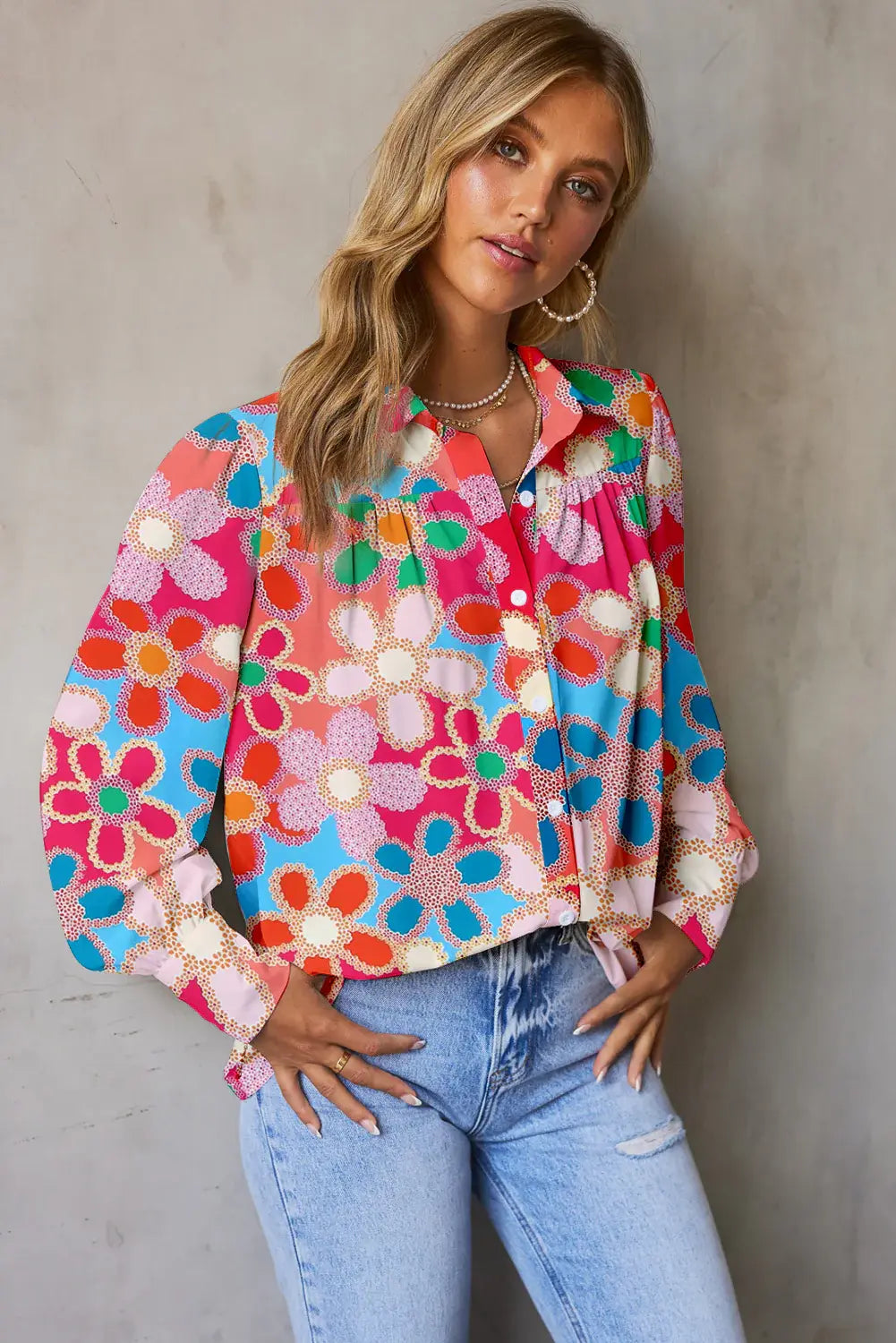 Floral Print Lantern Sleeve Collared Neck Shirt - Trendsi - Flyclothing LLC
