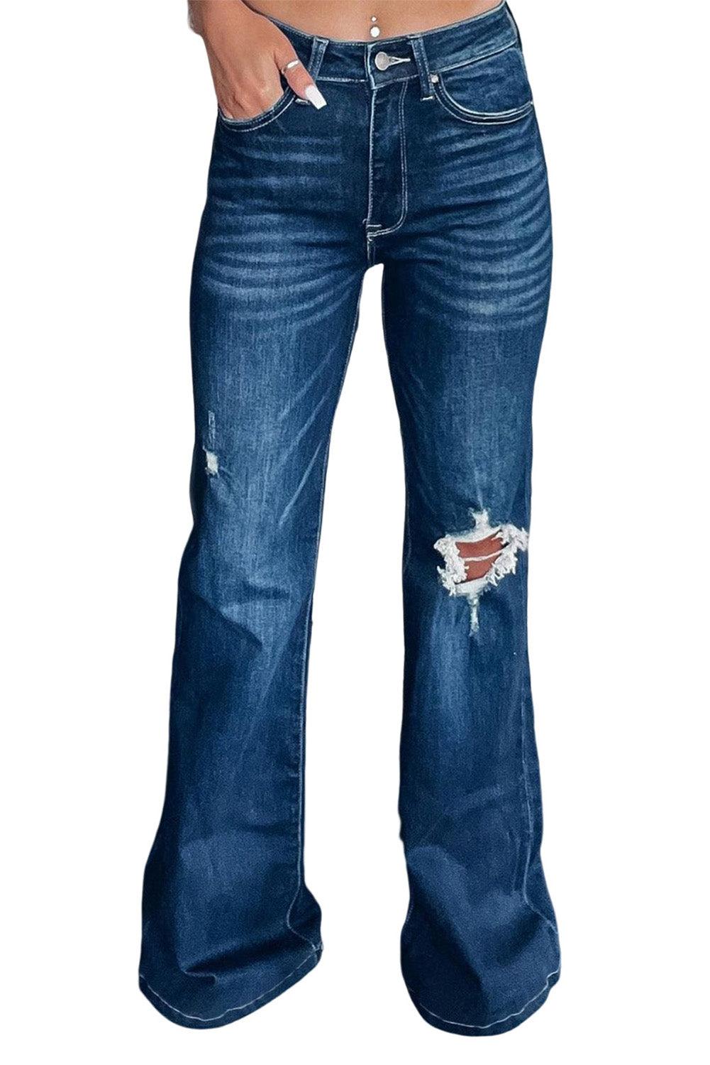 Asymmetrical Open Knee Distressed Flare Jeans - Flyclothing LLC