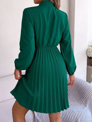 Tie Neck Balloon Sleeve Pleated Dress - Trendsi