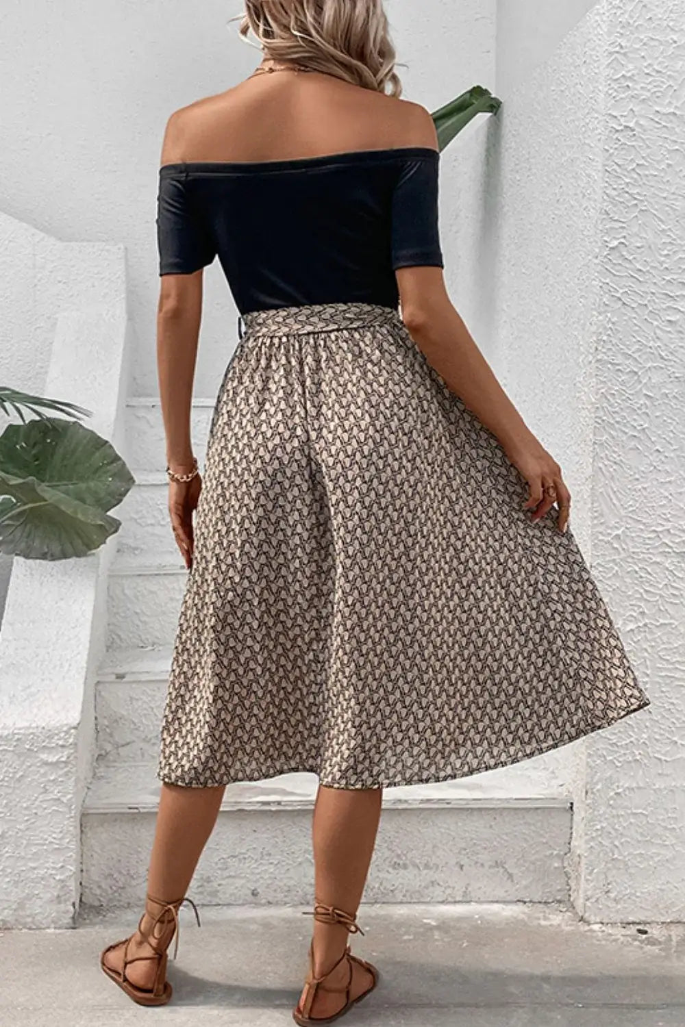 Printed Tie Belt Off-Shoulder Dress - Trendsi - Flyclothing LLC