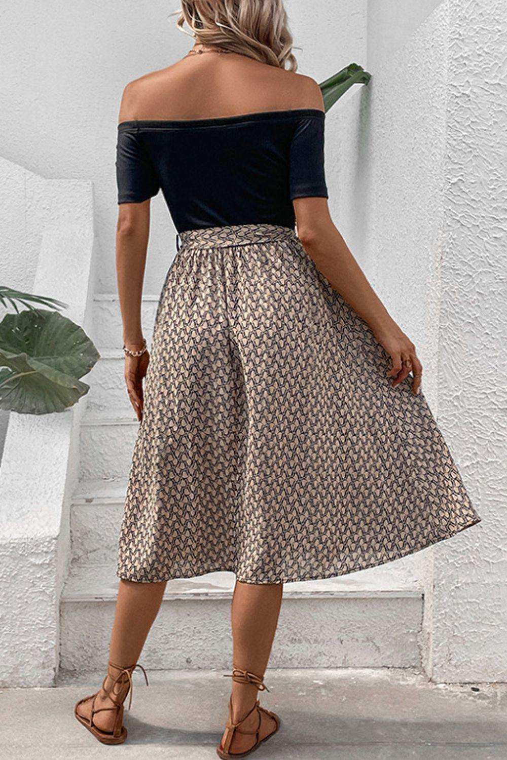 Printed Tie Belt Off-Shoulder Dress - Trendsi - Flyclothing LLC