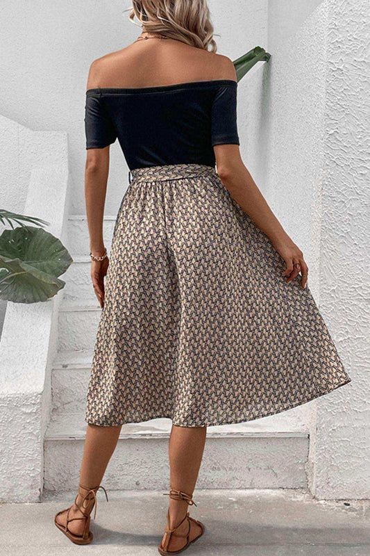 Printed Tie Belt Off-Shoulder Dress - Trendsi - Flyclothing LLC