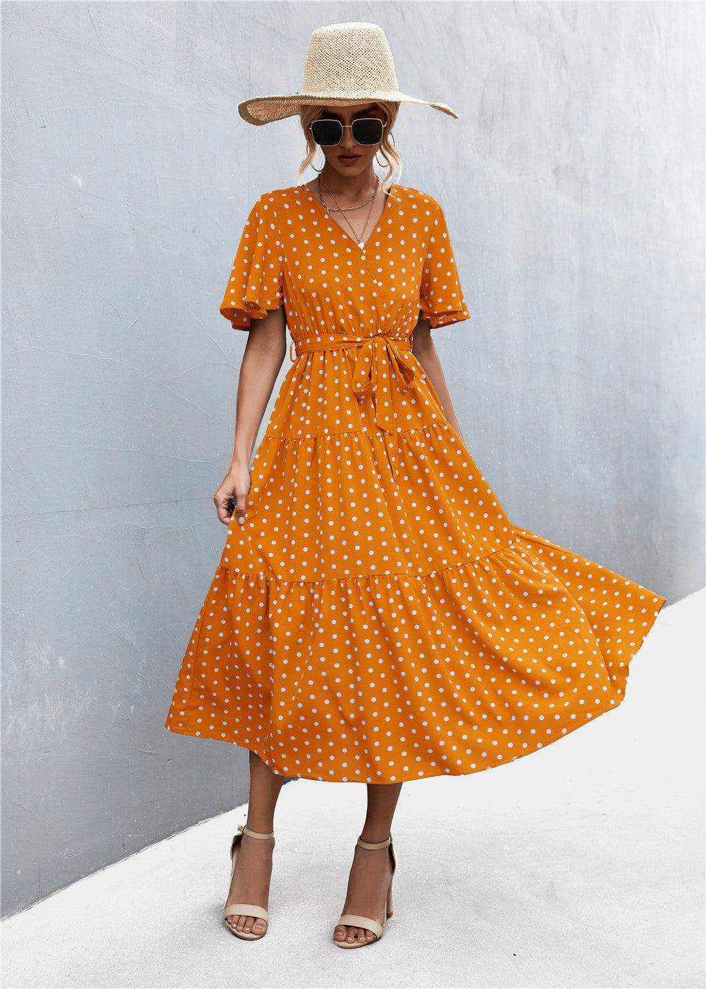 Printed V-Neck Flutter Sleeve Belted Dress - Trendsi - Flyclothing LLC