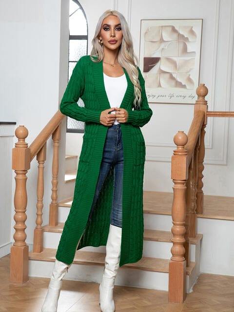 Cable-Knit Open Front Cardigan with Pockets - Trendsi